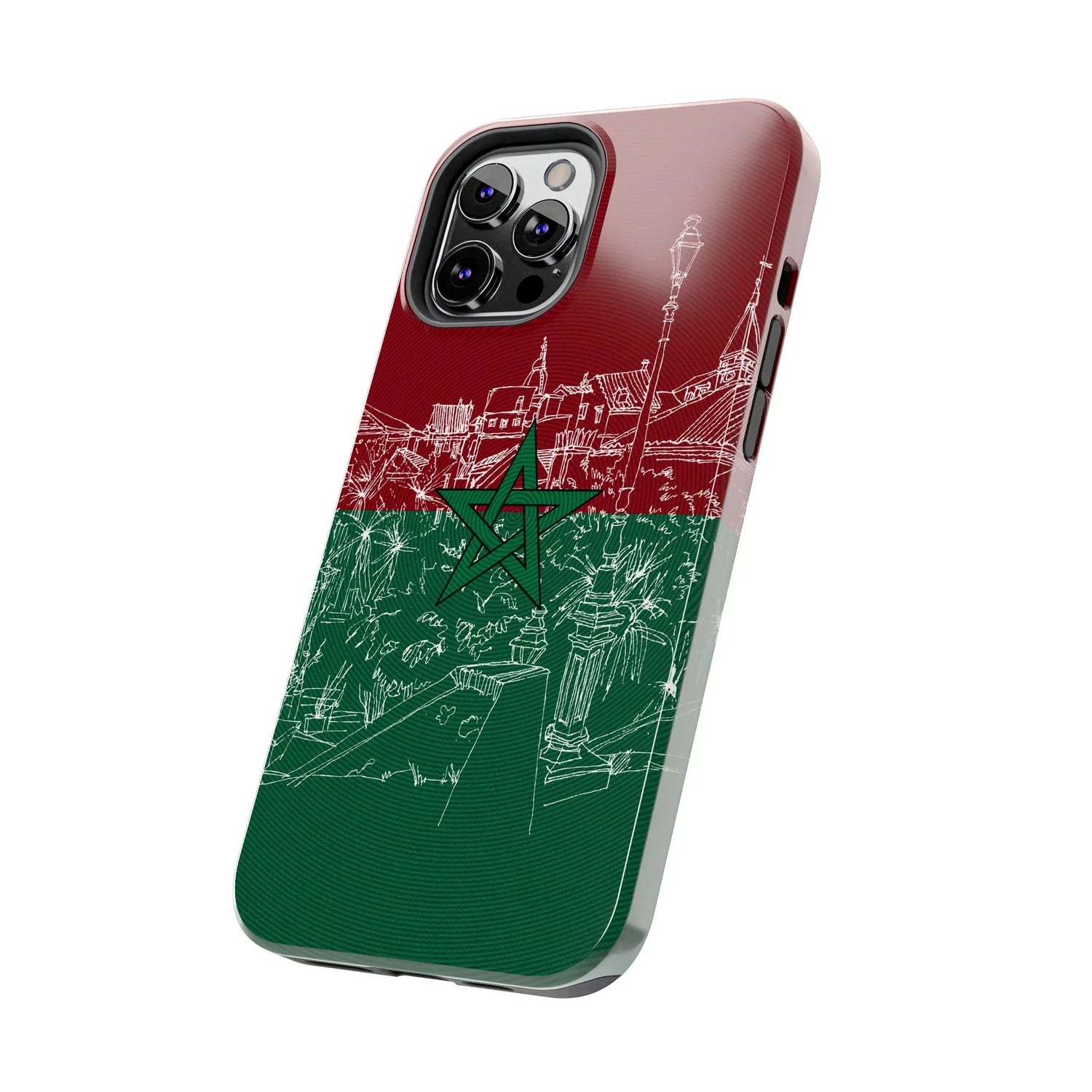 Morocco Flag Sketch Tough Phone Case — Red &amp; Green Casablanca Cityscape - DiwaKi