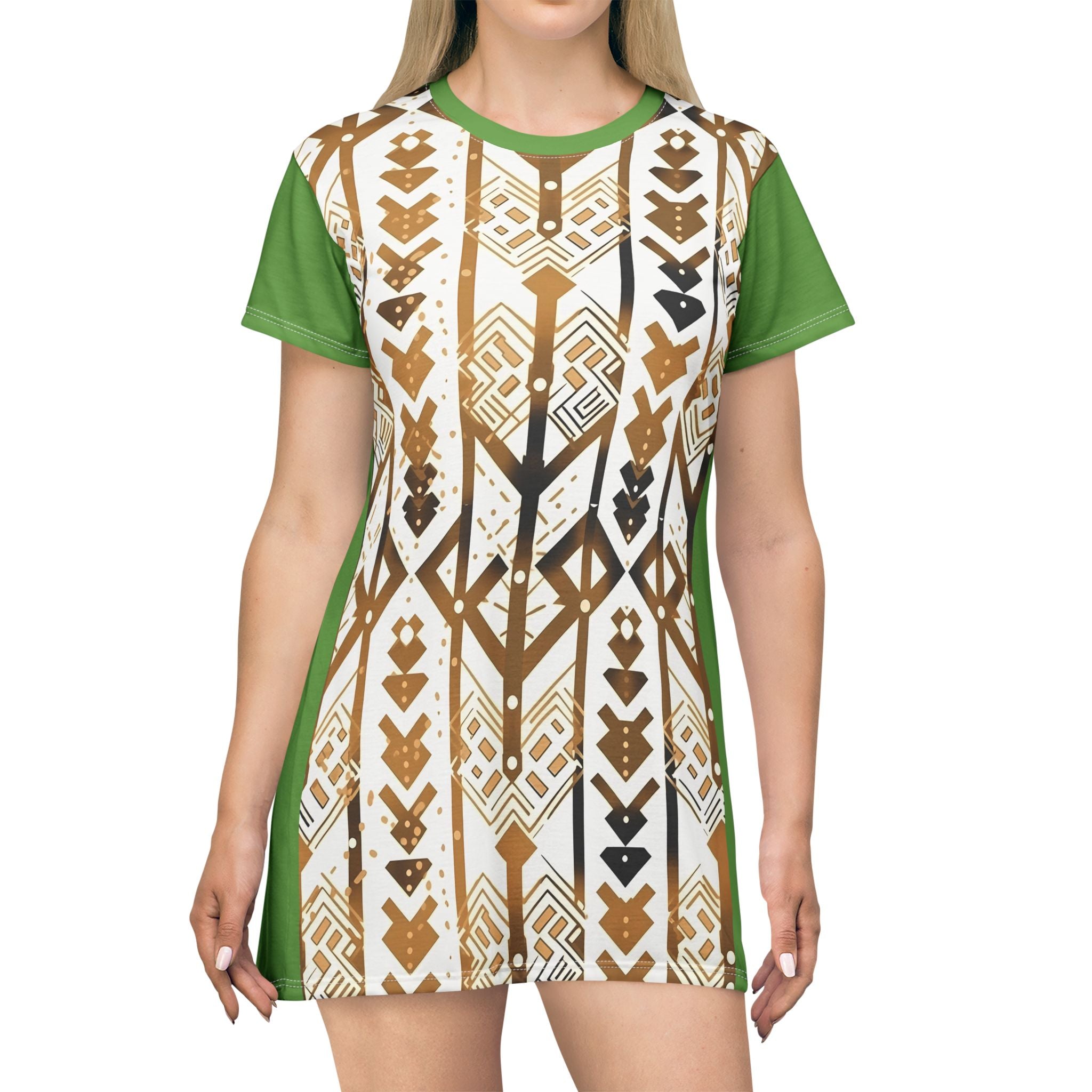 Green Tribal Arrow T-Shirt Dress — Boho Geometric All-Over Print
