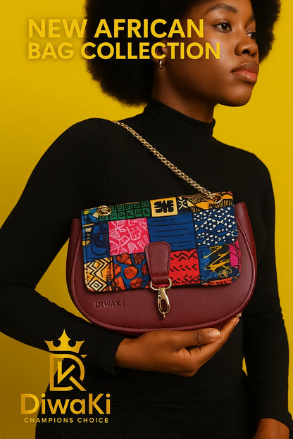 Burgundy Ankara Crossbody with Gold Chain - DiwaKi