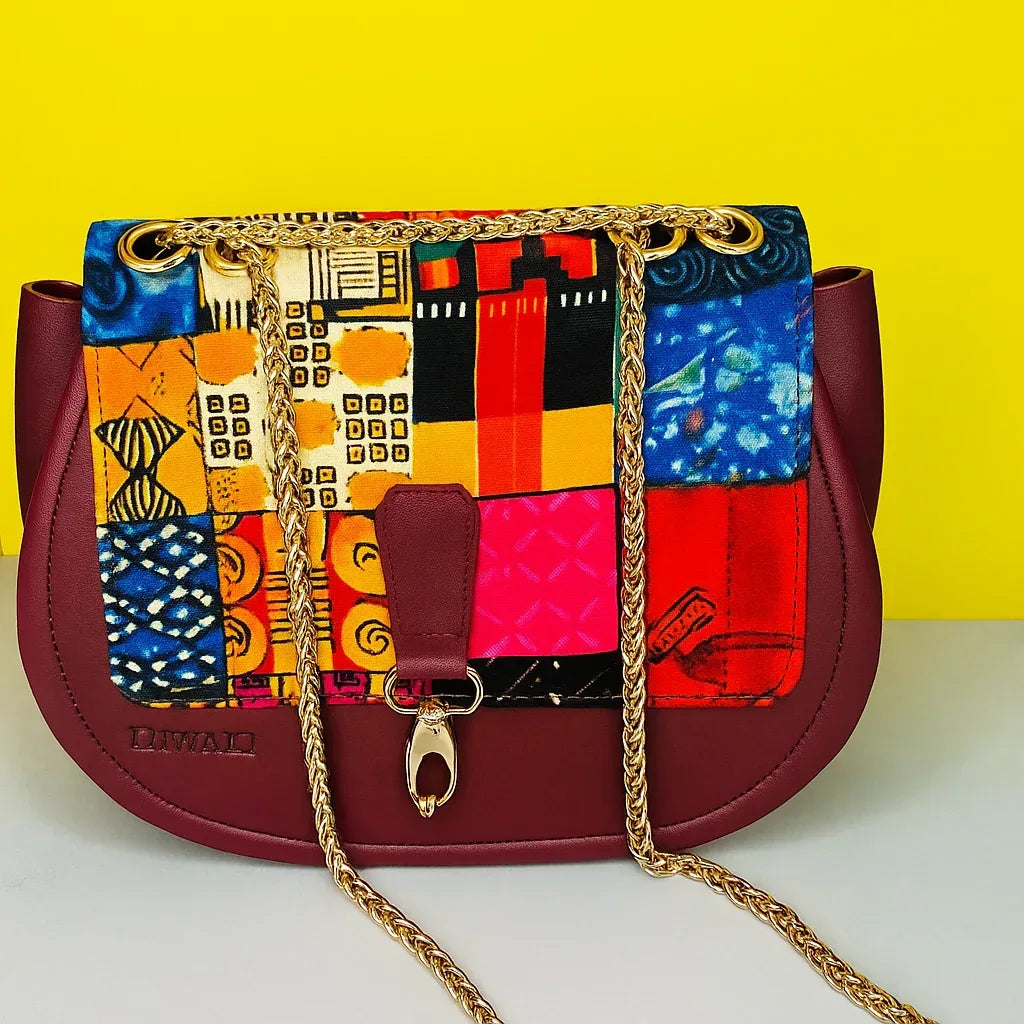 African wax pattern burgundy shoulder bag - DiwaKi