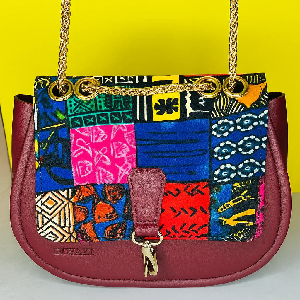 Burgundy Ankara Crossbody with Gold Chain - DiwaKi