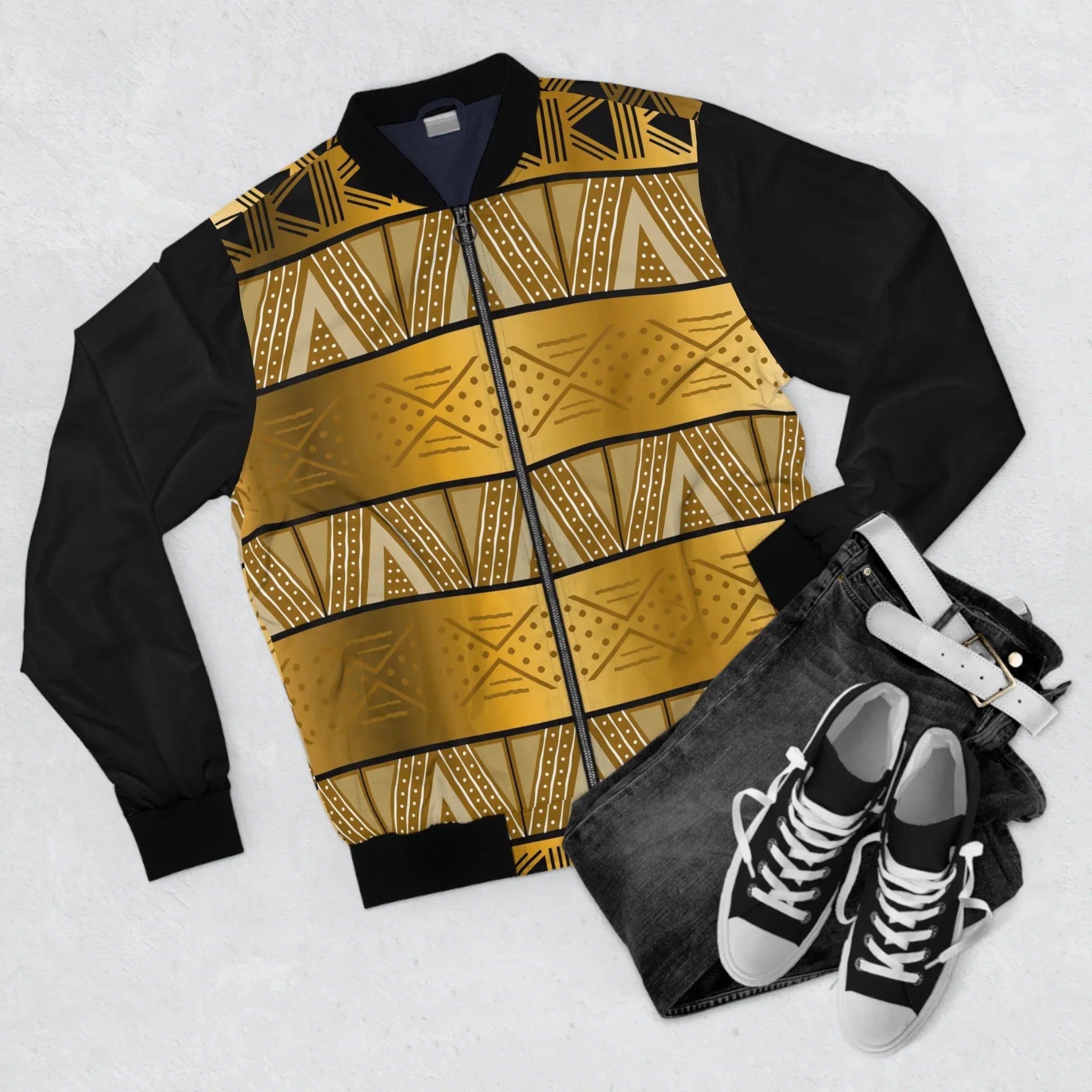 Gold Tribal Pattern Bomber Jacket - DiwaKi