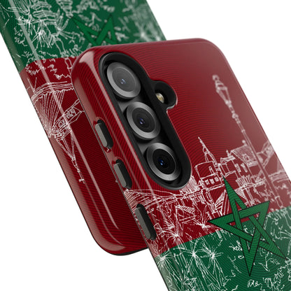 Morocco Flag Sketch Tough Phone Case — Red &amp; Green Casablanca Cityscape - DiwaKi
