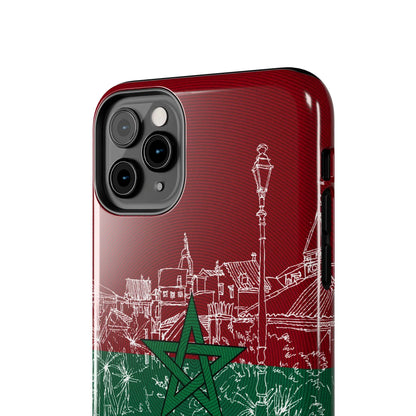 Morocco Flag Sketch Tough Phone Case — Red &amp; Green Casablanca Cityscape - DiwaKi