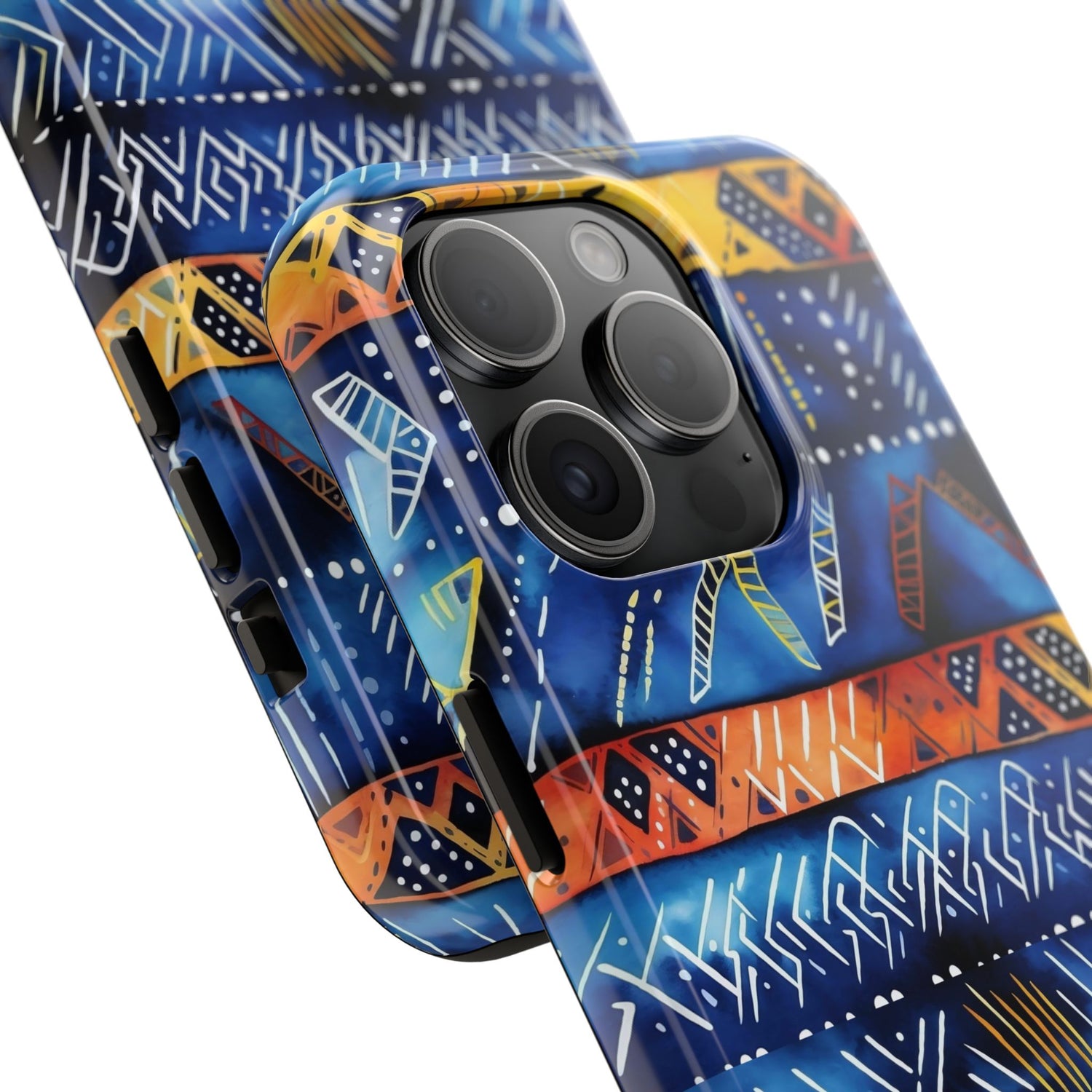 African mudcloth Tribal Indigo Stripe Tough Phone Case — Blue &amp; Orange Geometric Protective Cover