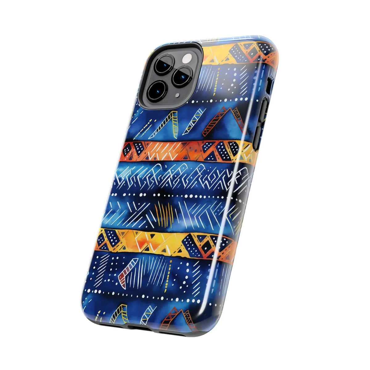 African mudcloth Tribal Indigo Stripe Tough Phone Case — Blue &amp; Orange Geometric Protective Cover - DiwaKi