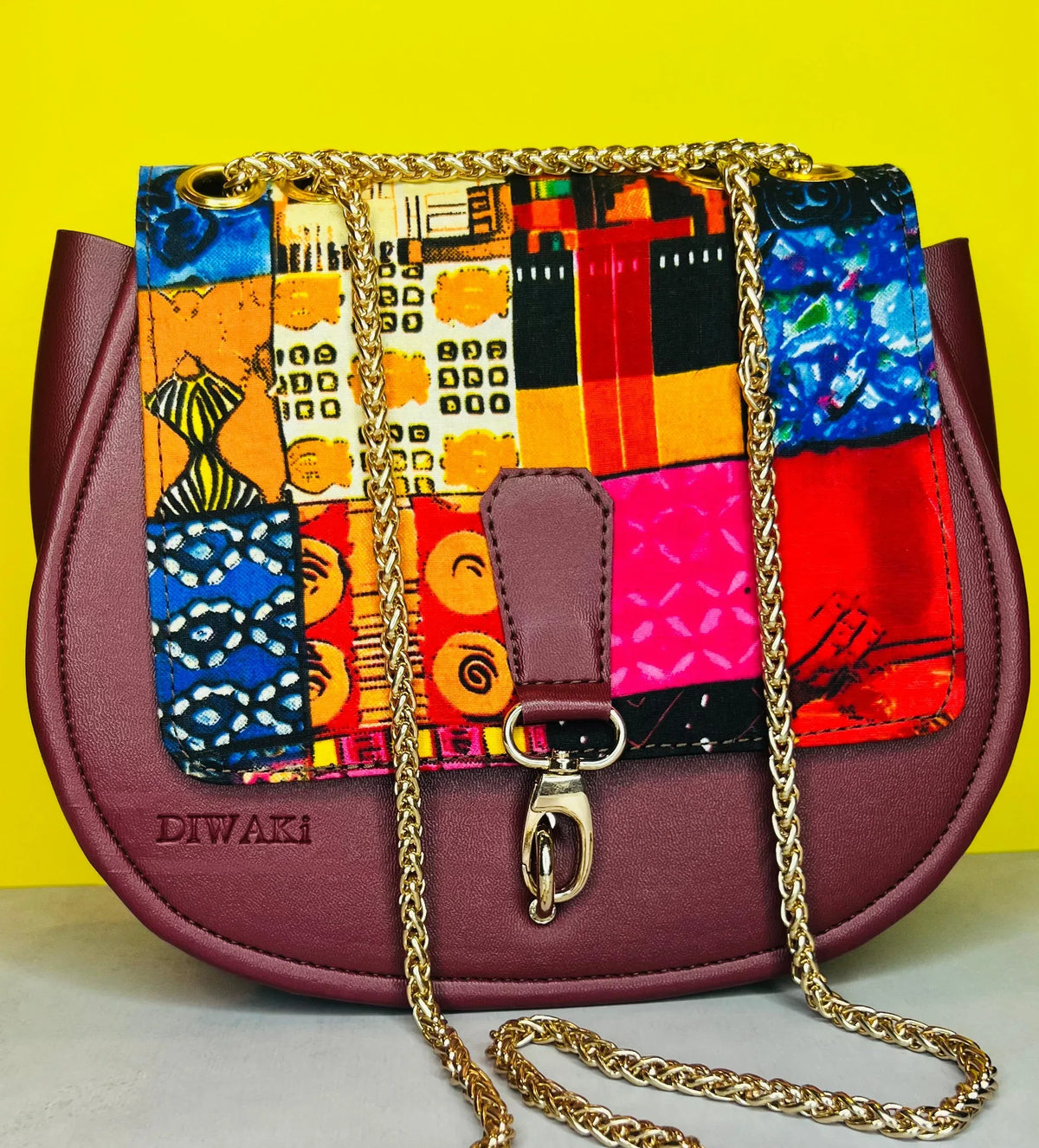 African wax pattern burgundy shoulder bag - DiwaKi