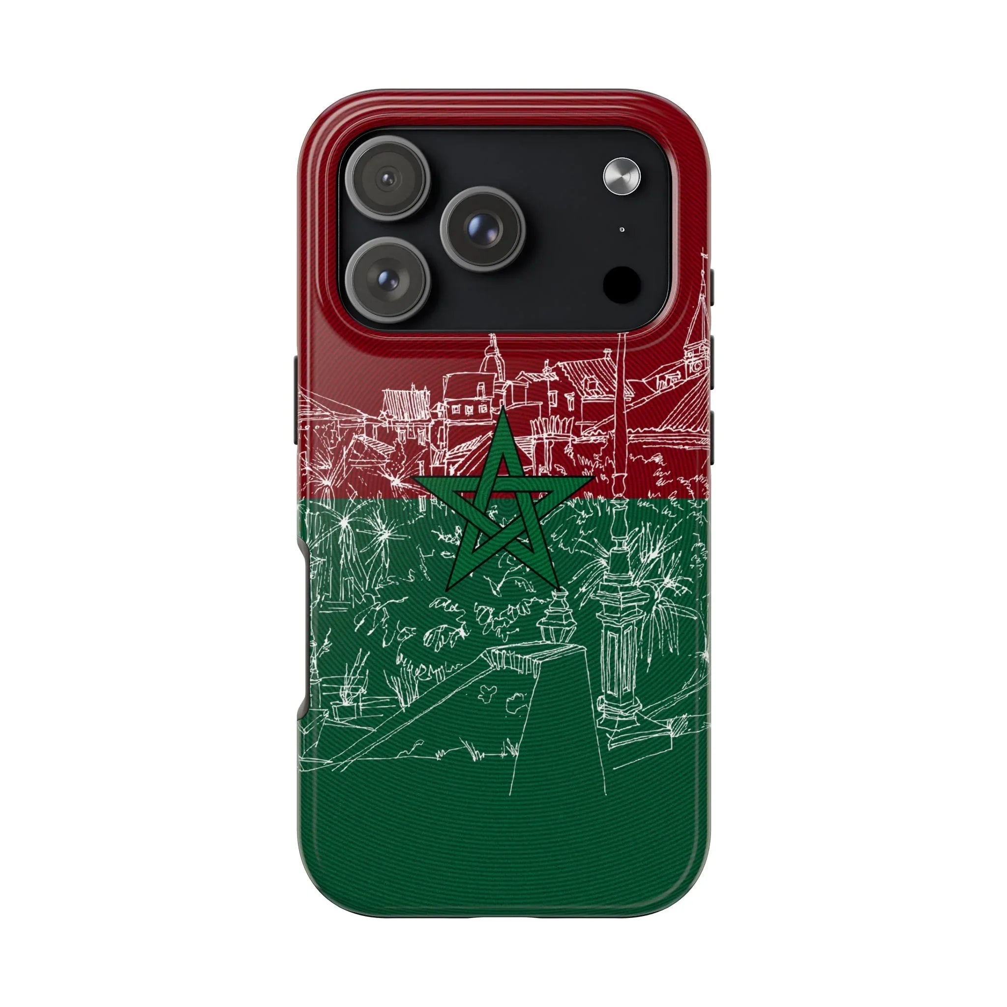 Morocco Flag Sketch Tough Phone Case — Red &amp; Green Casablanca Cityscape - DiwaKi