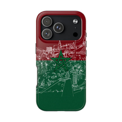 Morocco Flag Sketch Tough Phone Case — Red &amp; Green Casablanca Cityscape - DiwaKi