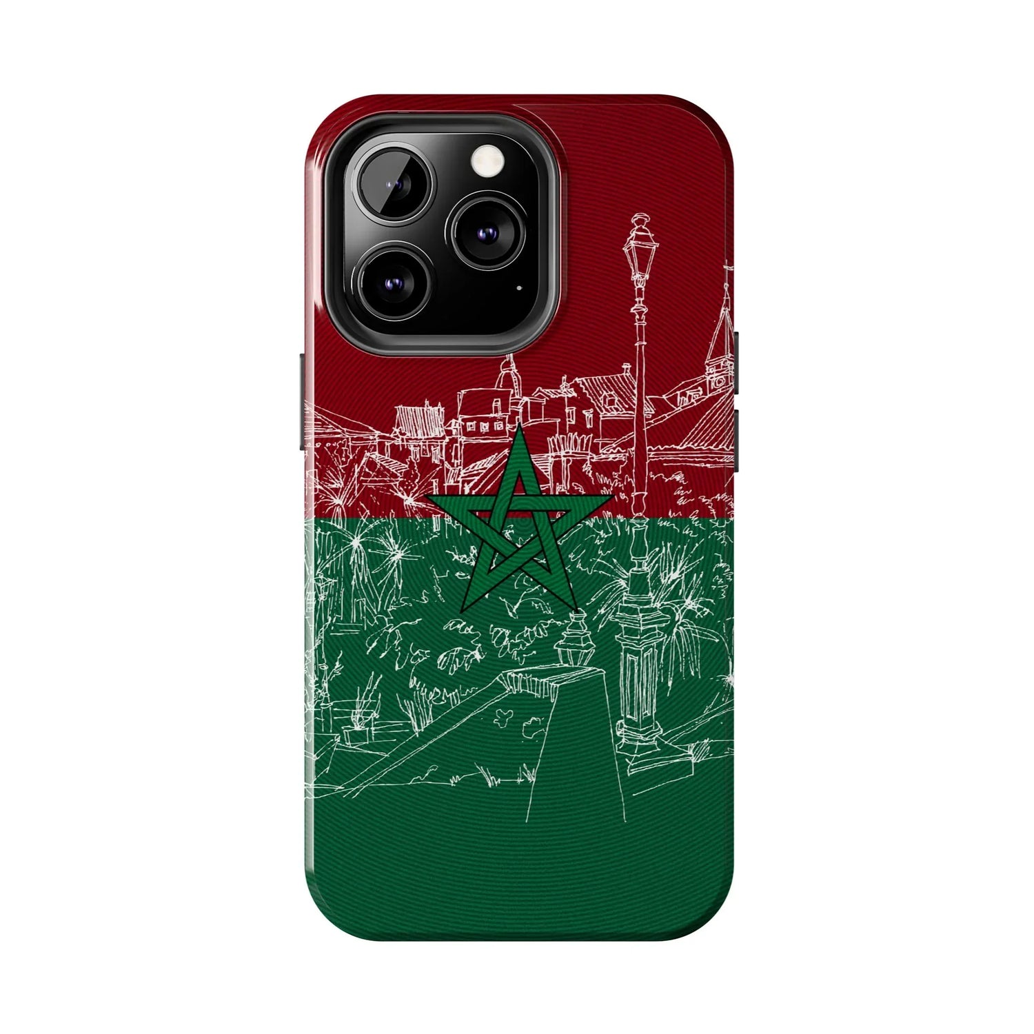 Morocco Flag Sketch Tough Phone Case — Red &amp; Green Casablanca Cityscape - DiwaKi