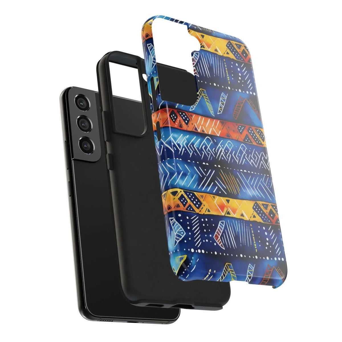 African mudcloth Tribal Indigo Stripe Tough Phone Case — Blue &amp; Orange Geometric Protective Cover - DiwaKi