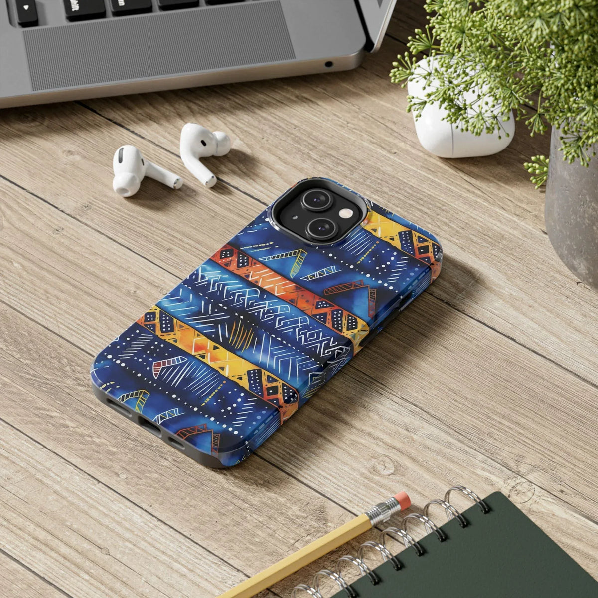 African mudcloth Tribal Indigo Stripe Tough Phone Case — Blue &amp; Orange Geometric Protective Cover - DiwaKi