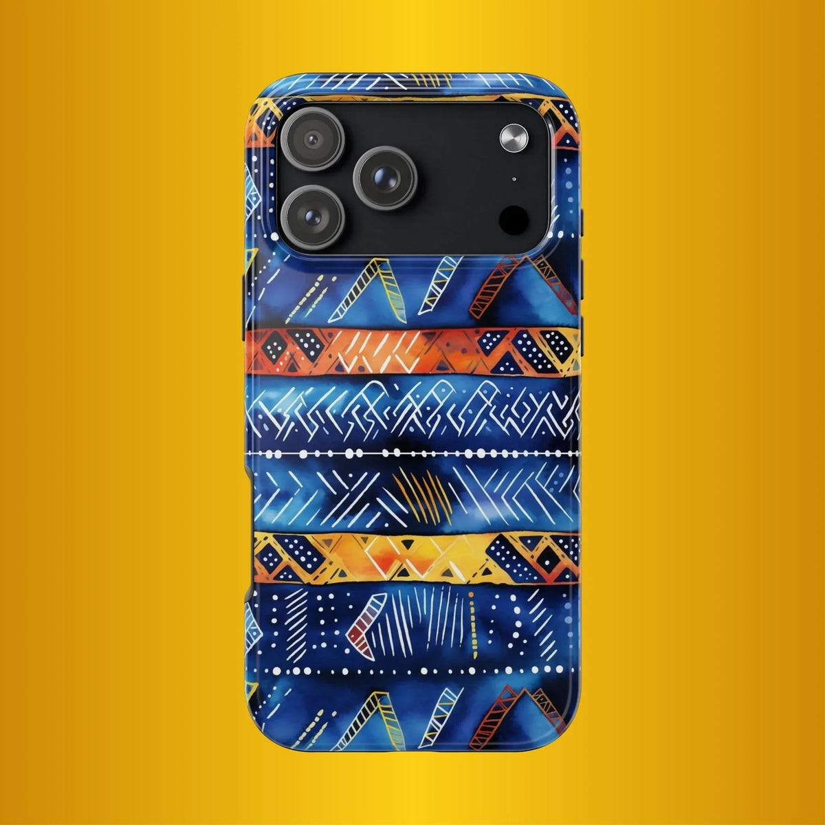 African mudcloth Tribal Indigo Stripe Tough Phone Case — Blue &amp; Orange Geometric Protective Cover - DiwaKi
