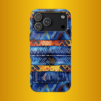 African mudcloth Tribal Indigo Stripe Tough Phone Case — Blue &amp; Orange Geometric Protective Cover