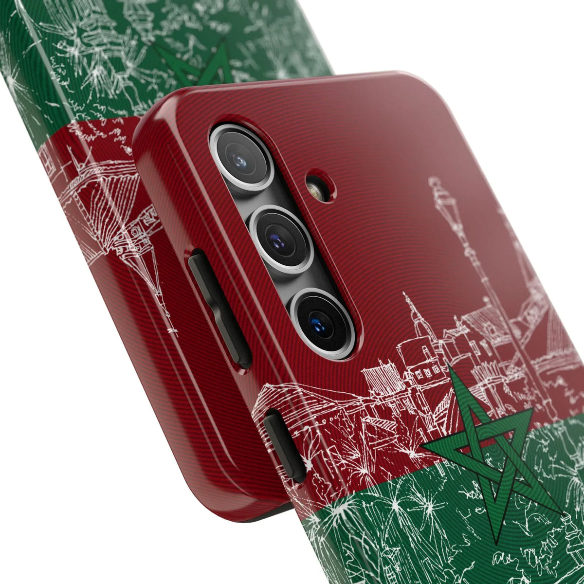 Morocco Flag Sketch Tough Phone Case — Red &amp; Green Casablanca Cityscape - DiwaKi
