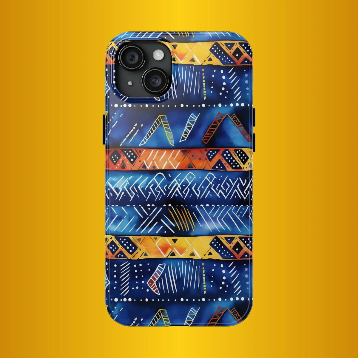 African mudcloth Tribal Indigo Stripe Tough Phone Case — Blue &amp; Orange Geometric Protective Cover - DiwaKi