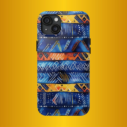 African mudcloth Tribal Indigo Stripe Tough Phone Case — Blue &amp; Orange Geometric Protective Cover