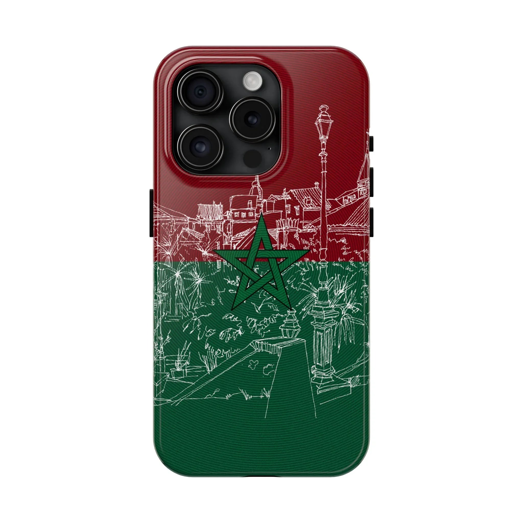 Morocco Flag Sketch Tough Phone Case — Red &amp; Green Casablanca Cityscape - DiwaKi