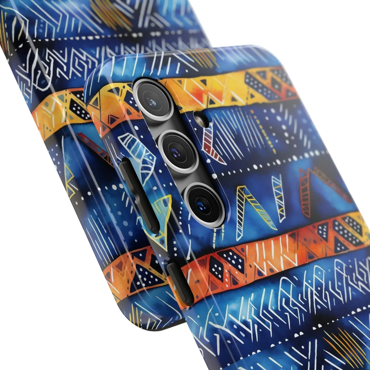 African mudcloth Tribal Indigo Stripe Tough Phone Case — Blue &amp; Orange Geometric Protective Cover - DiwaKi