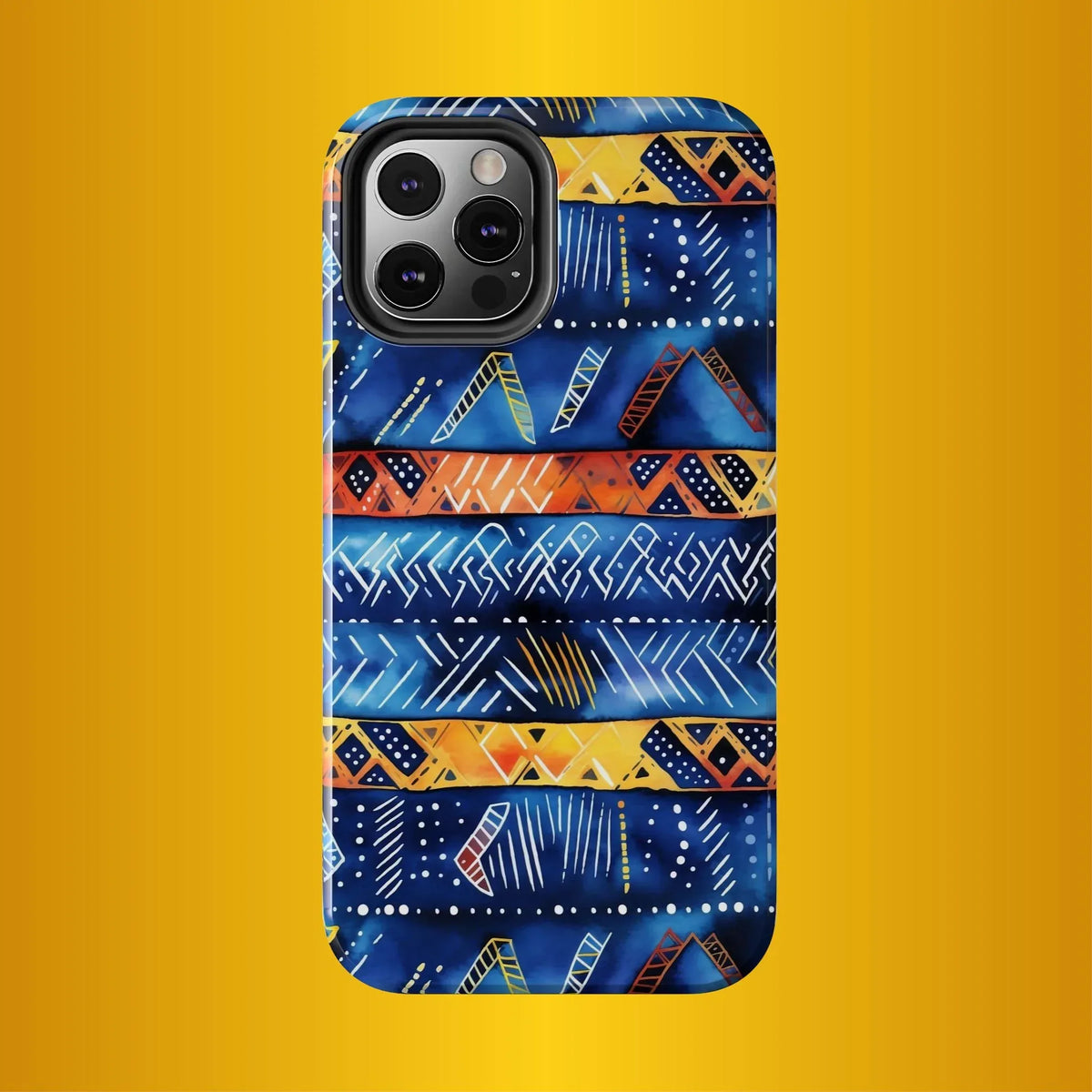 African mudcloth Tribal Indigo Stripe Tough Phone Case — Blue &amp; Orange Geometric Protective Cover - DiwaKi