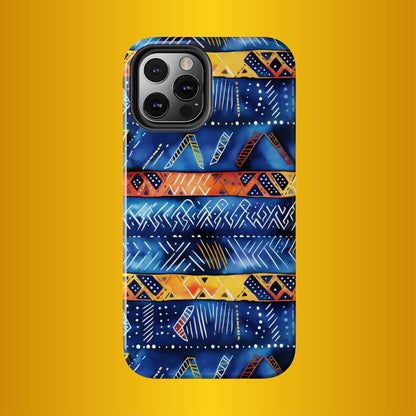 African mudcloth Tribal Indigo Stripe Tough Phone Case — Blue &amp; Orange Geometric Protective Cover