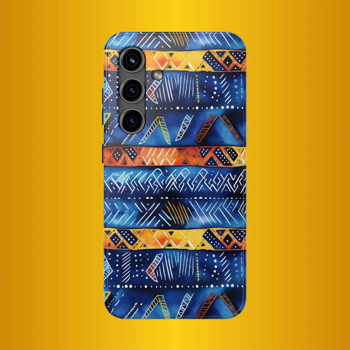 African mudcloth Tribal Indigo Stripe Tough Phone Case — Blue &amp; Orange Geometric Protective Cover - DiwaKi