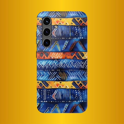 African mudcloth Tribal Indigo Stripe Tough Phone Case — Blue &amp; Orange Geometric Protective Cover