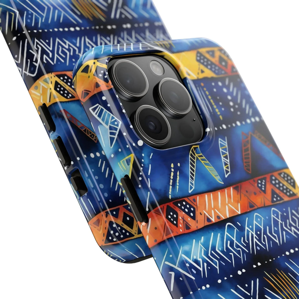 African mudcloth Tribal Indigo Stripe Tough Phone Case — Blue &amp; Orange Geometric Protective Cover - DiwaKi