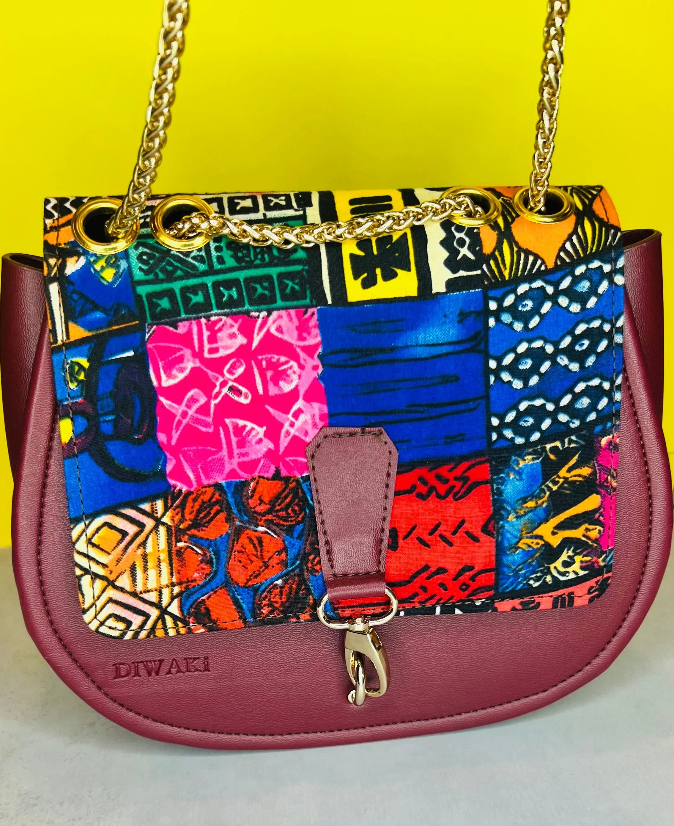 Burgundy Ankara Crossbody with Gold Chain - DiwaKi