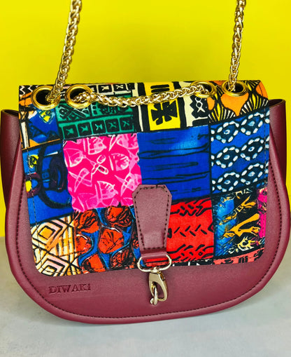 Burgundy Ankara Crossbody with Gold Chain - DiwaKi