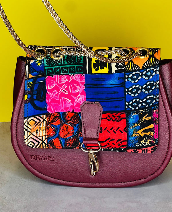 DiwaKi Ankara Patchwork Shoulder Bag – Burgundy Vegan Leather Crossbody with Gold Chain