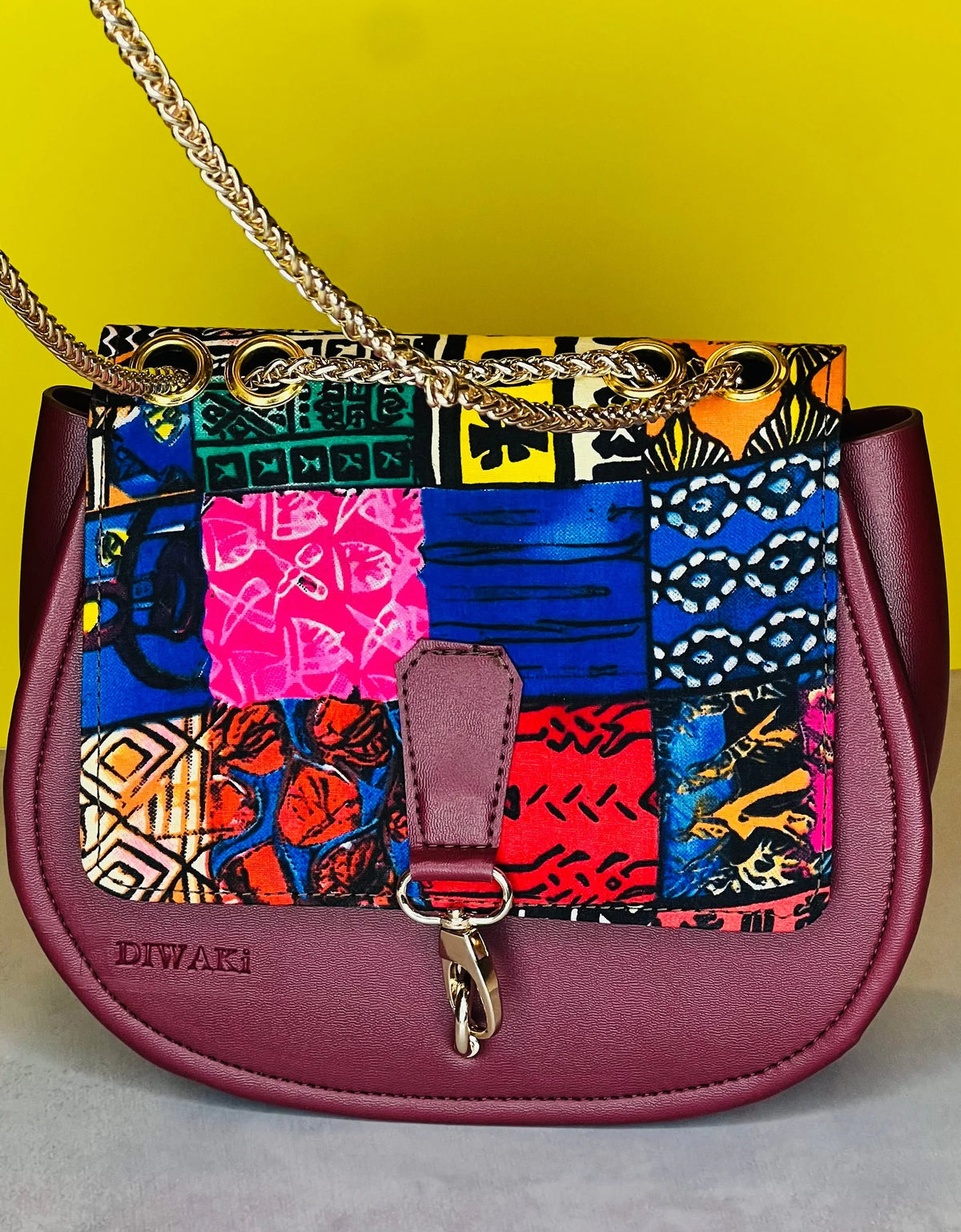 Burgundy Ankara Crossbody with Gold Chain - DiwaKi