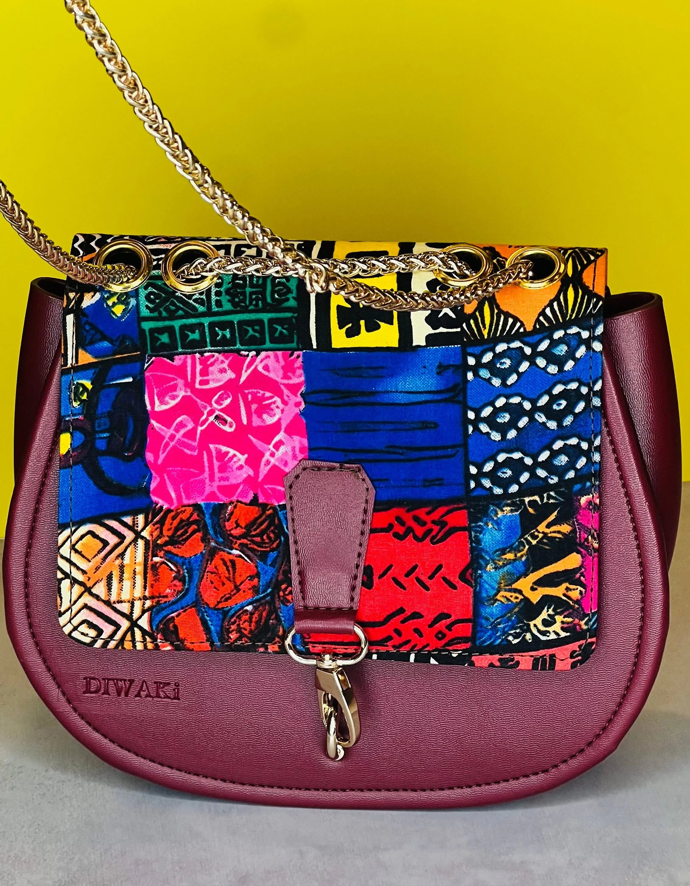Burgundy Ankara Crossbody with Gold Chain - DiwaKi