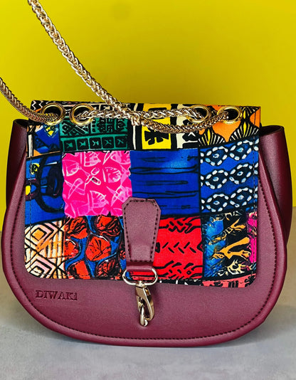 Burgundy Ankara Crossbody with Gold Chain - DiwaKi