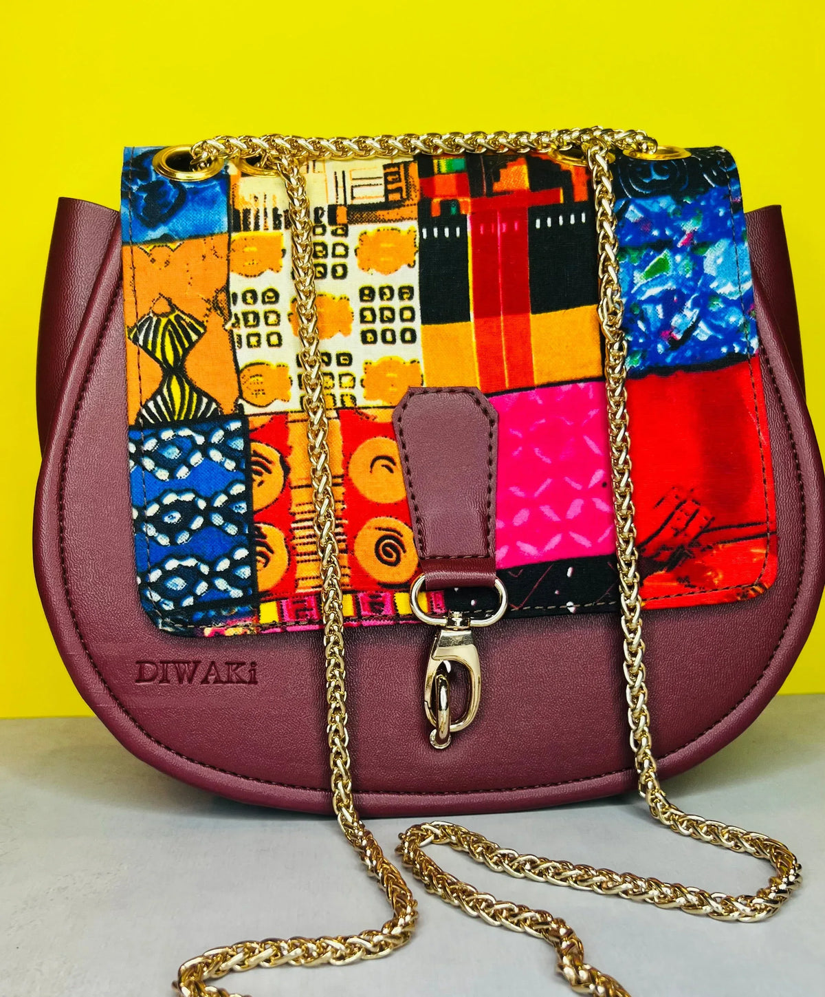 African wax pattern burgundy shoulder bag - DiwaKi