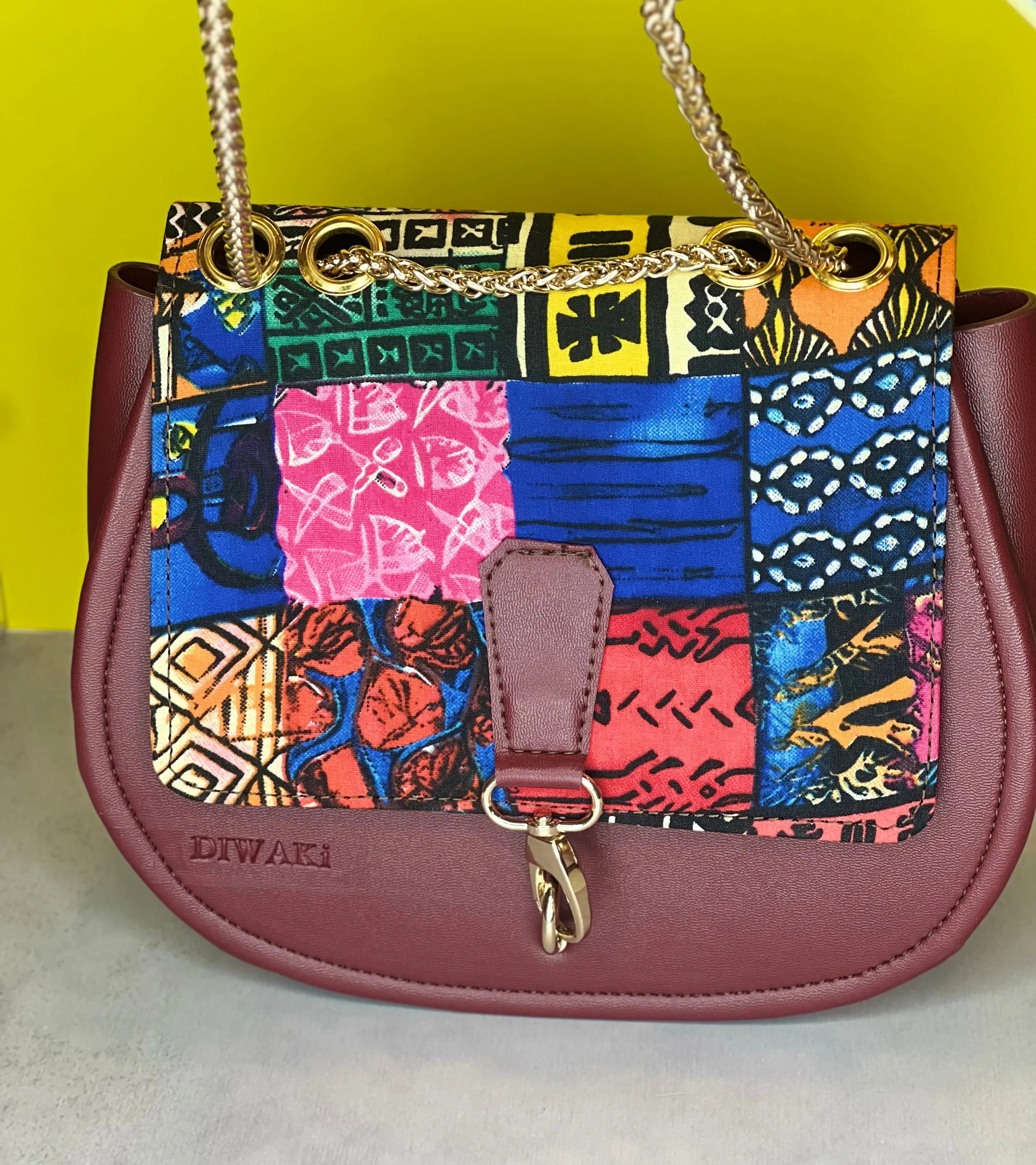 Burgundy Ankara Crossbody with Gold Chain - DiwaKi