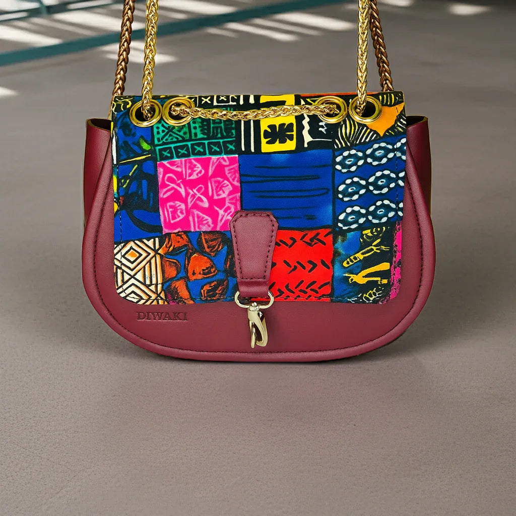 Burgundy Ankara Crossbody with Gold Chain - DiwaKi