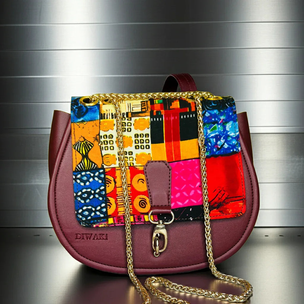 African wax pattern burgundy shoulder bag - DiwaKi