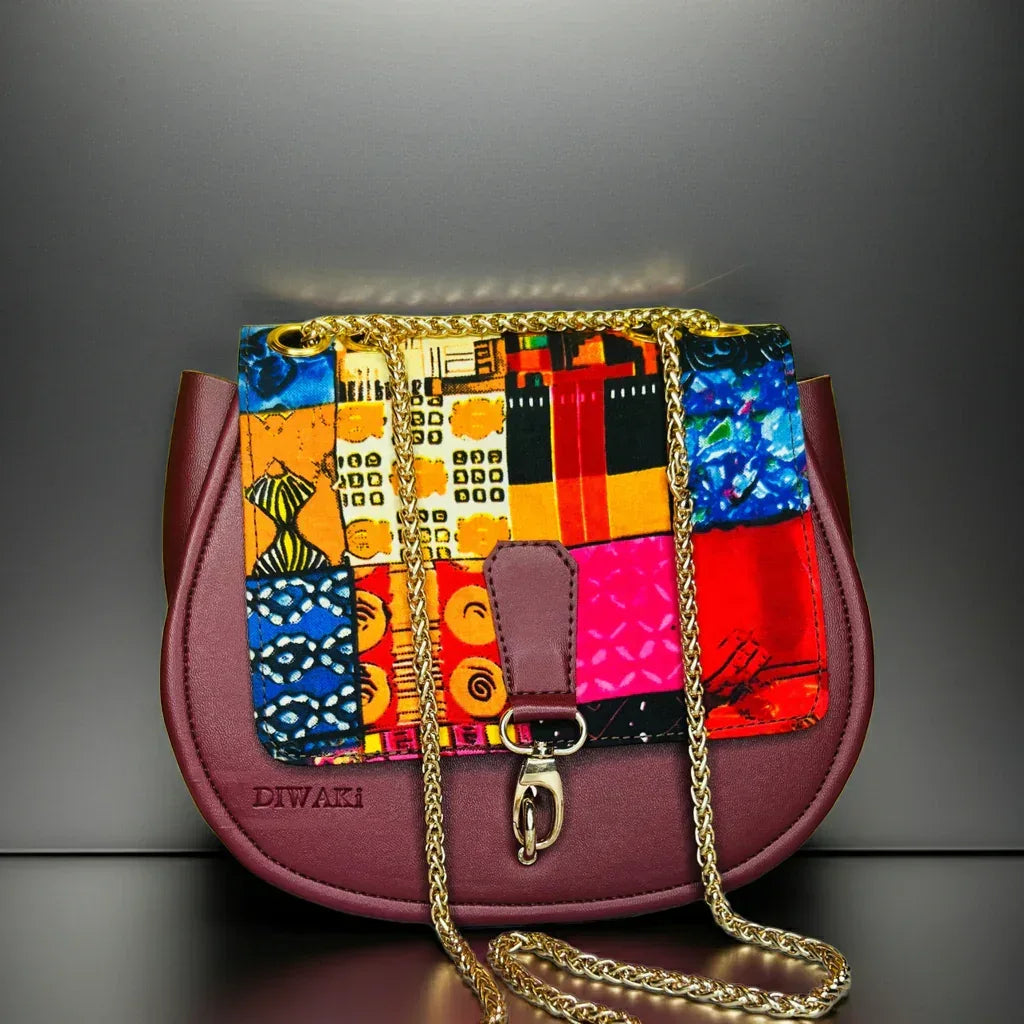 African wax pattern burgundy shoulder bag - DiwaKi