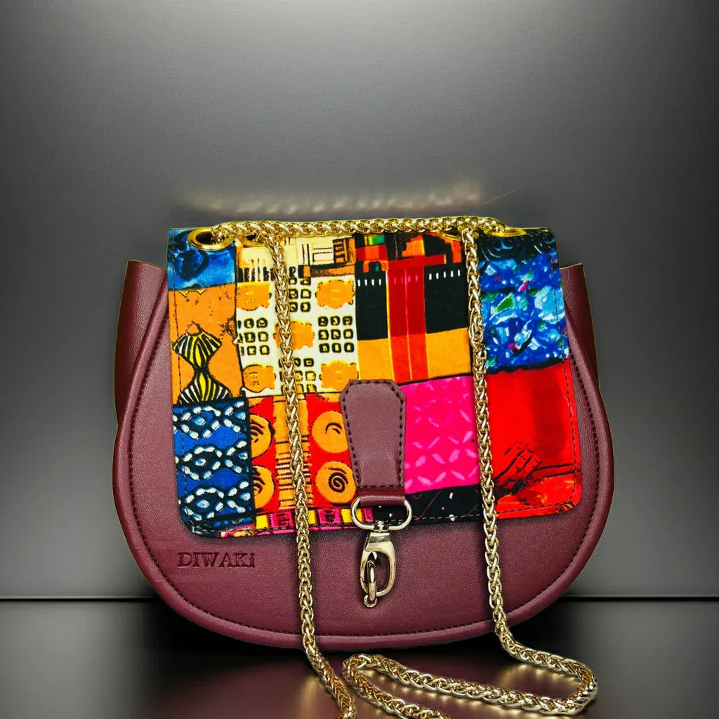 African wax pattern burgundy shoulder bag - DiwaKi