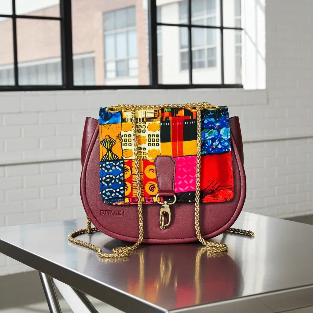 African wax pattern burgundy shoulder bag - DiwaKi