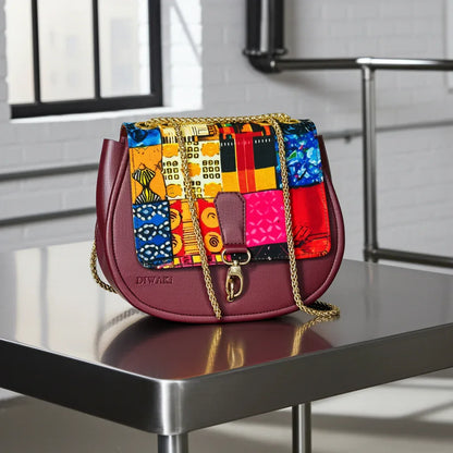 African wax pattern burgundy shoulder bag - DiwaKi