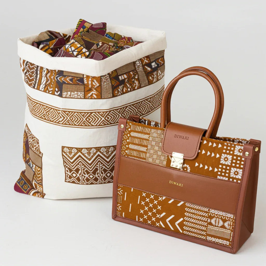 Diwaki tan mud cloth African tote bag - DiwaKi