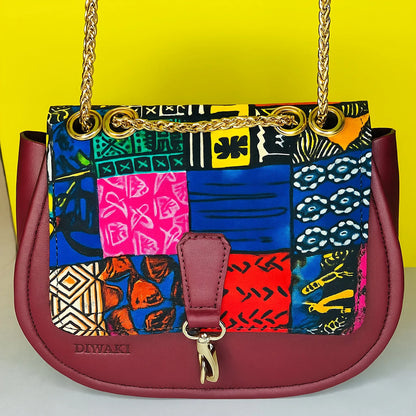 Burgundy Ankara Crossbody with Gold Chain - DiwaKi