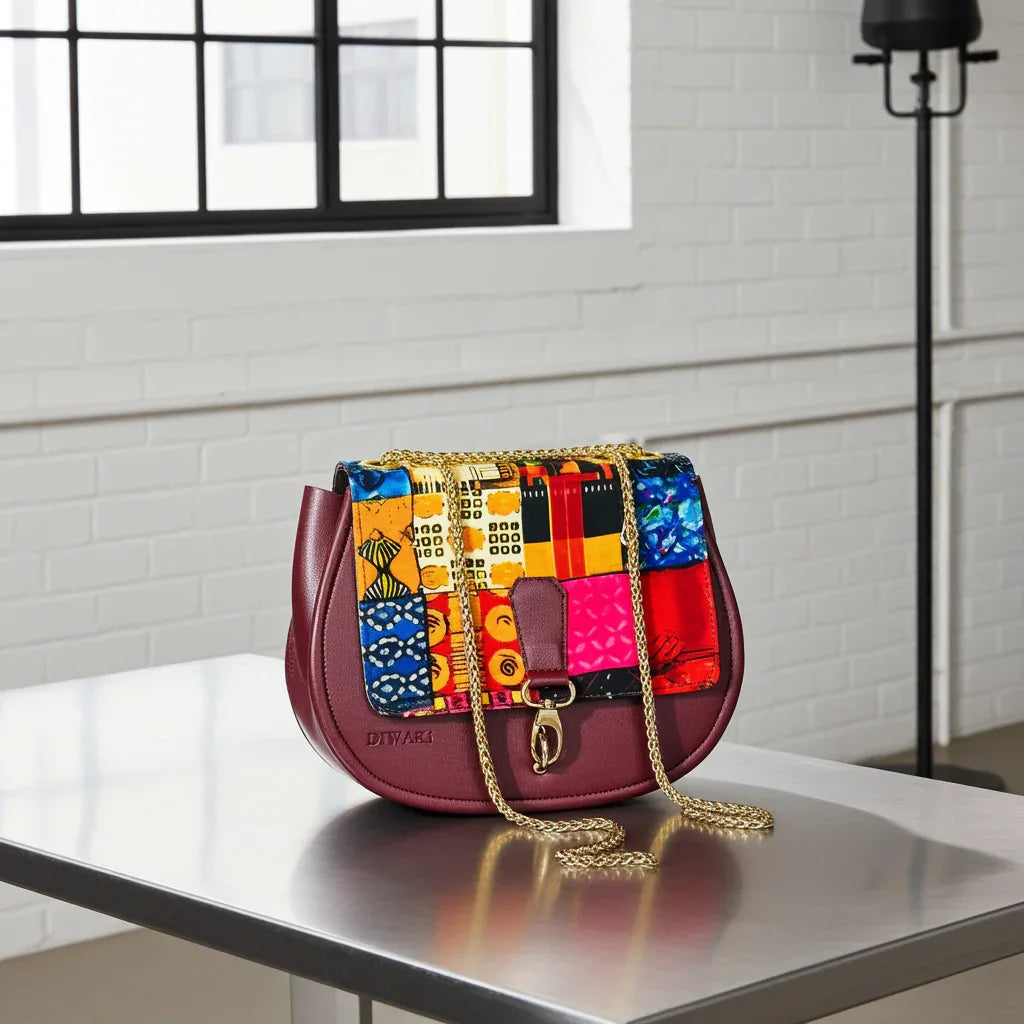African wax pattern burgundy shoulder bag - DiwaKi