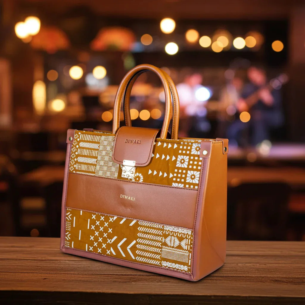 Diwaki tan mud cloth African tote bag - DiwaKi