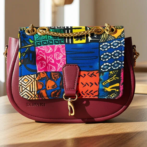 Burgundy Ankara Crossbody with Gold Chain - DiwaKi
