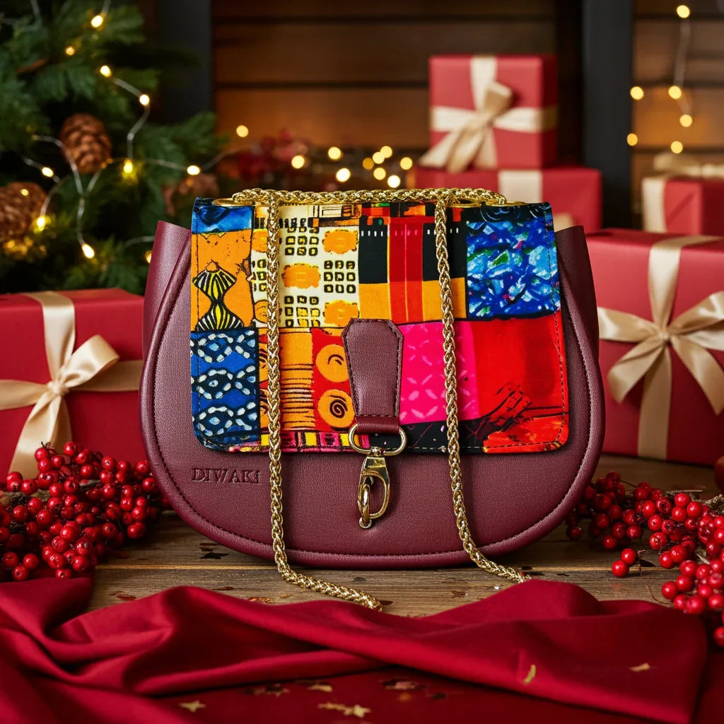 African wax pattern burgundy shoulder bag - DiwaKi
