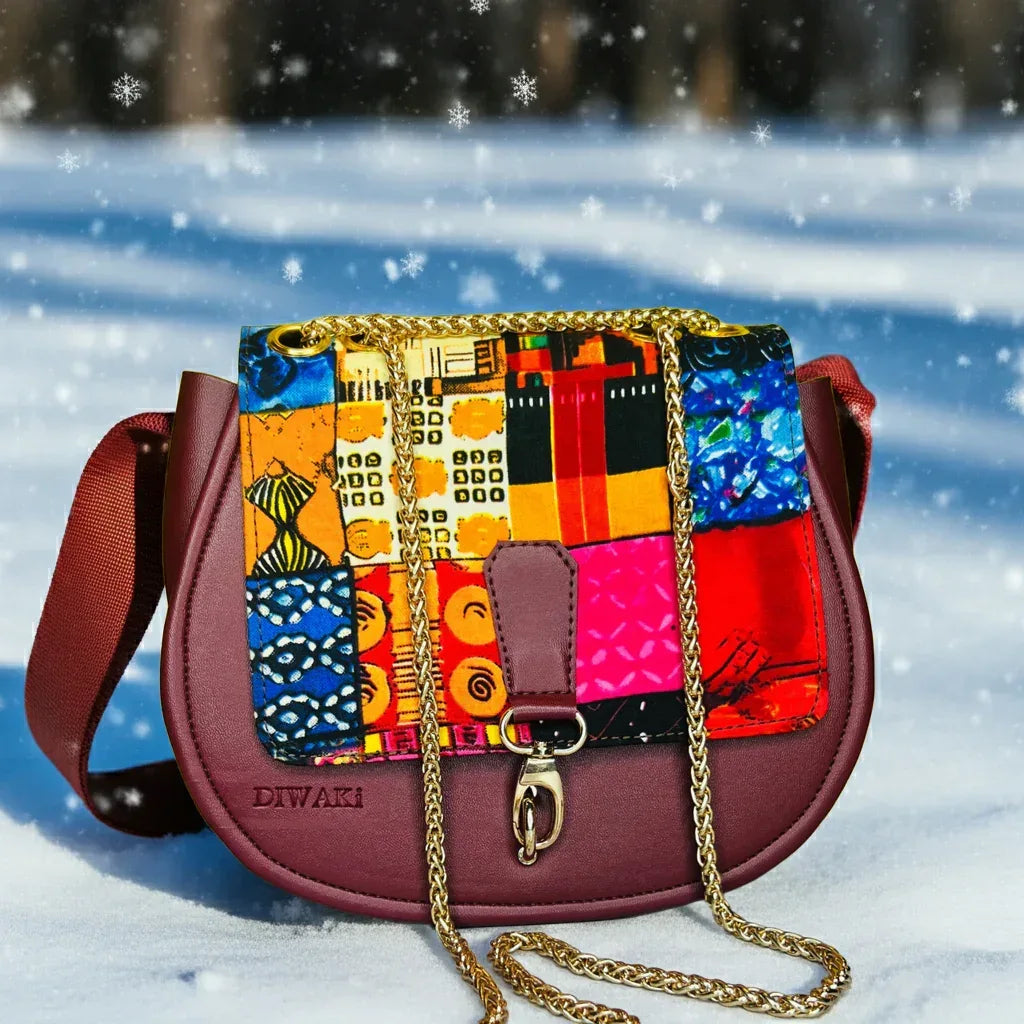 African wax pattern burgundy shoulder bag - DiwaKi