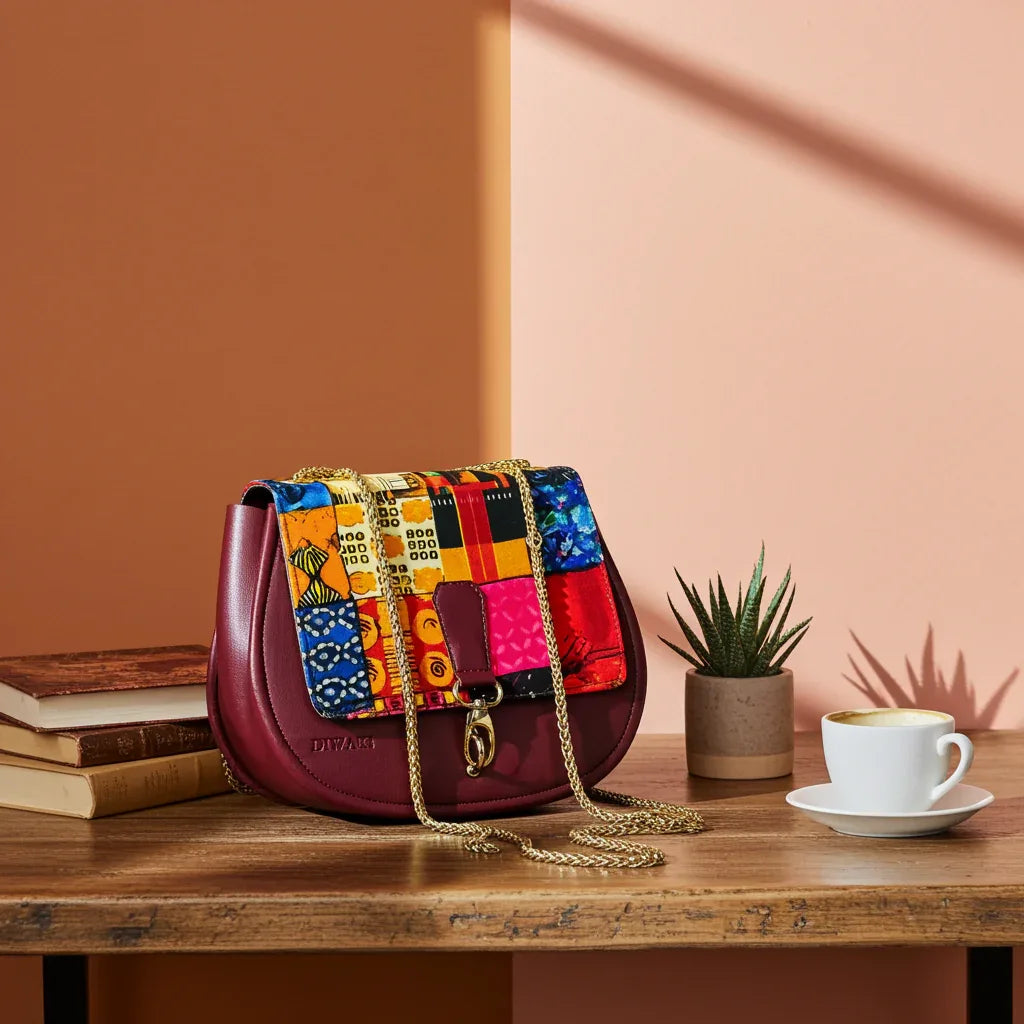 African wax pattern burgundy shoulder bag - DiwaKi
